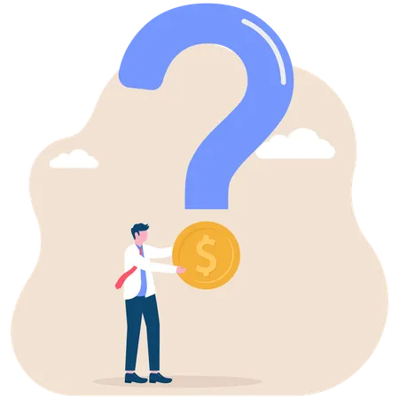 Businessman holding dollar coin with question mark  Illustration