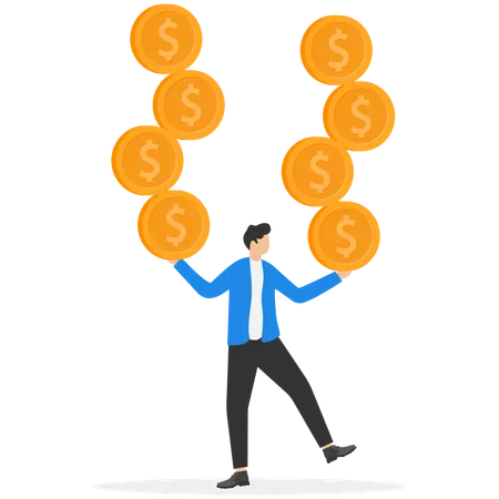 Businessman holding dollar coins for Economy instability  Illustration