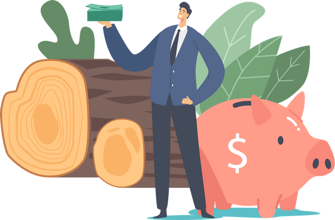 Businessman Holding Dollars Pile Stand  Illustration