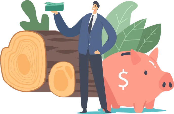 Businessman Holding Dollars Pile Stand  Illustration