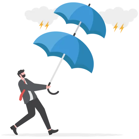 Businessman holding double layers umbrella to protect against storm  Illustration