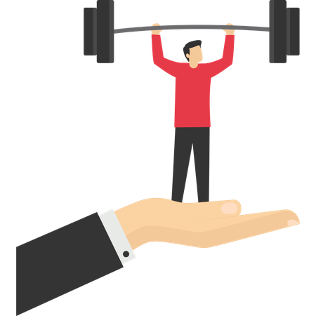 Businessman holding dumbbells on support hand  Illustration