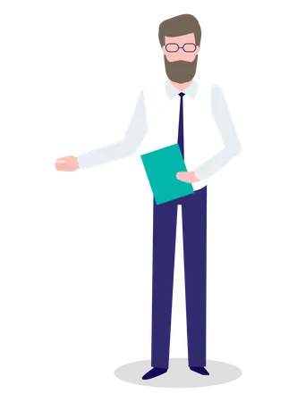 Man With Folder In Hands Isolated On Blue Vector Cartoon Male With Book Or Report Pointing On Something Businessman In Official Cloth Flat Design Illustration