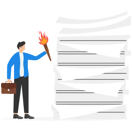 Vector Businessman Holding Fire Torch Will Burn A Lot Of Documents Illustration