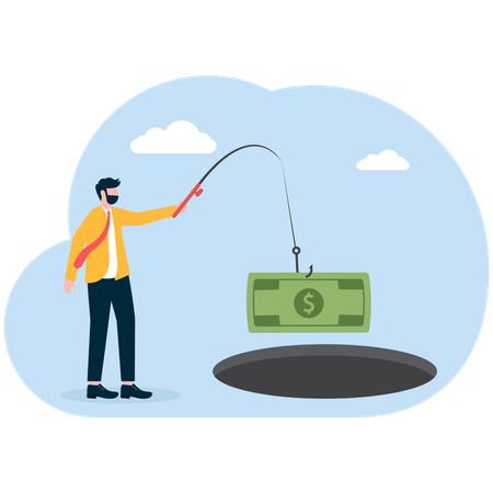 Businessman holding fishing rod hanging on money bait In trap  Illustration