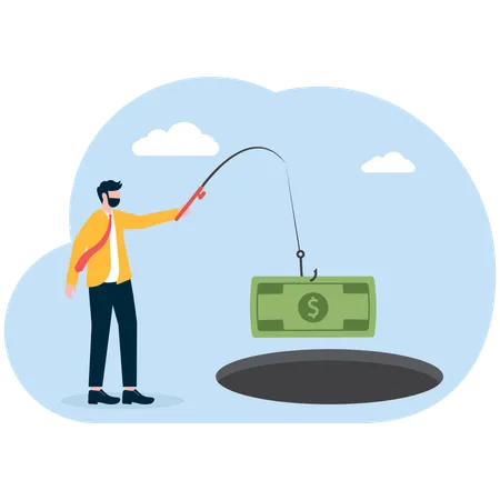 Businessman holding fishing rod hanging on money bait In trap  Illustration