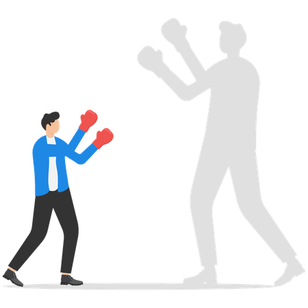 Businessman holding fists with Boxing gloves ready to fight himself as shadow projection  Illustration