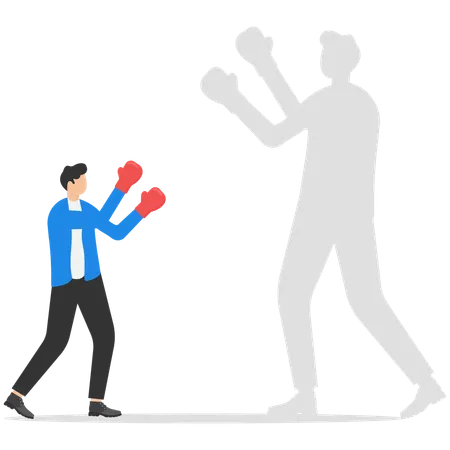 Businessman holding fists with Boxing gloves ready to fight himself as shadow projection  Illustration