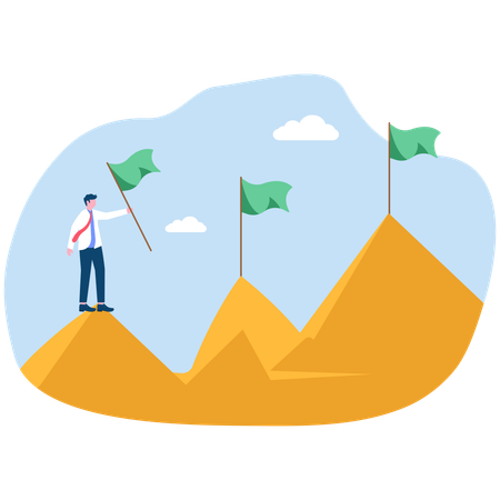 Businessman holding flag standing on top of mountain  Illustration