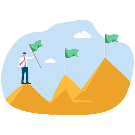 Businessman holding flag standing on top of mountain  Illustration