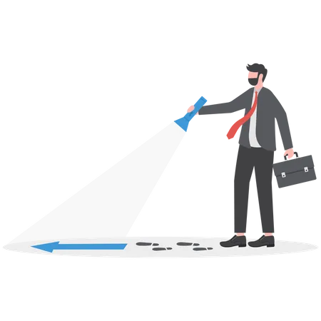 Businessman Holding A Flashlight Uncovering A Foot Arrow Up Sign Concept Of Direction Vector Illustration Illustration