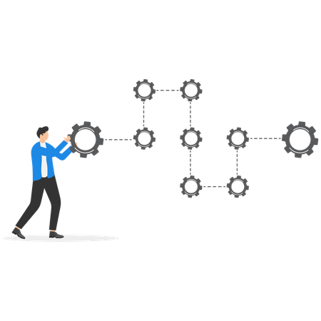 Businessman holding gear while arranging processing management  Illustration