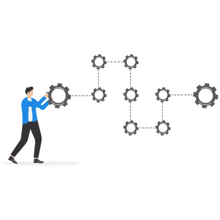 Businessman holding gear while arranging processing management  Illustration