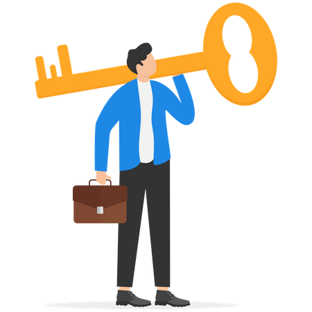 Businessman holding giant key on shoulder  Illustration