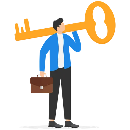 Businessman holding giant key on shoulder  Illustration