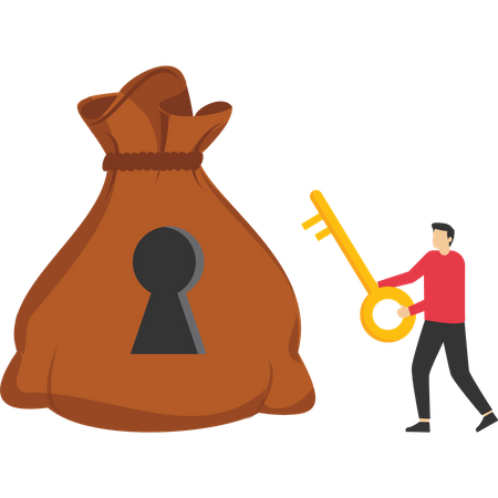 Businessman holding golden key for money bag with keyhole and pile of golden money coin  Illustration