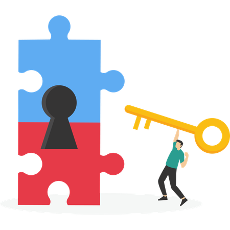 Businessman holding golden key to unlock the jigsaw puzzle  Illustration