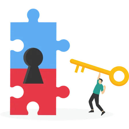 Businessman holding golden key to unlock the jigsaw puzzle  Illustration