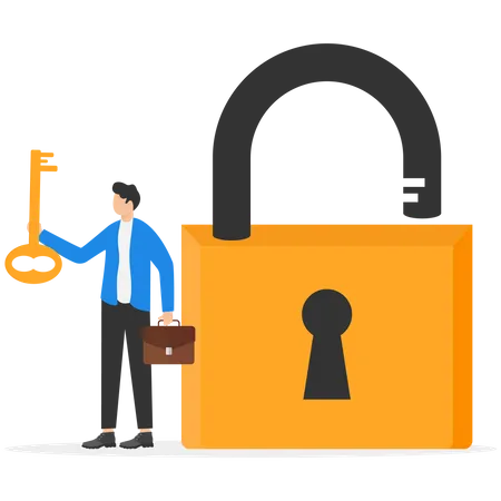 Businessman holding golden key to unlock the pad  Illustration