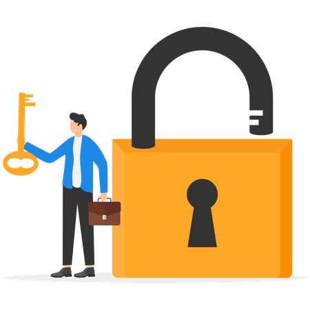 Businessman holding golden key to unlock the pad  Illustration