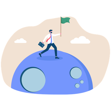 Businessman holding green flag on moon  Illustration