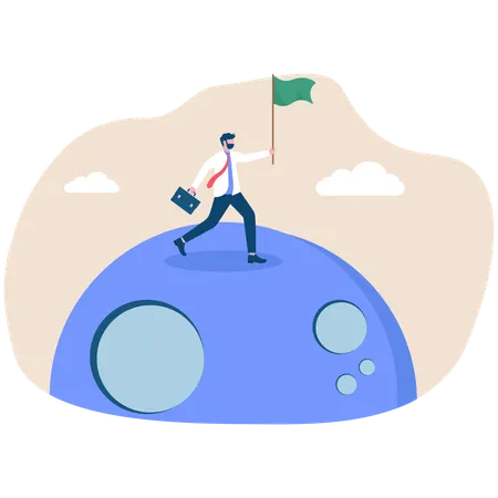 Businessman holding green flag on moon  Illustration