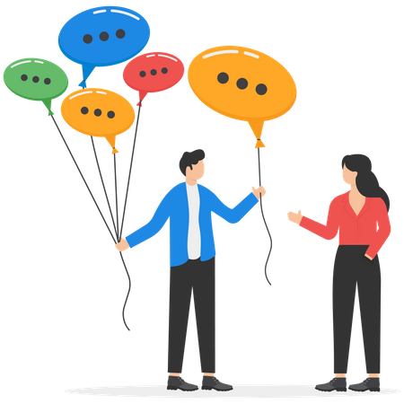 Businessman holding group of speech bubble balloons as member opinions  Illustration