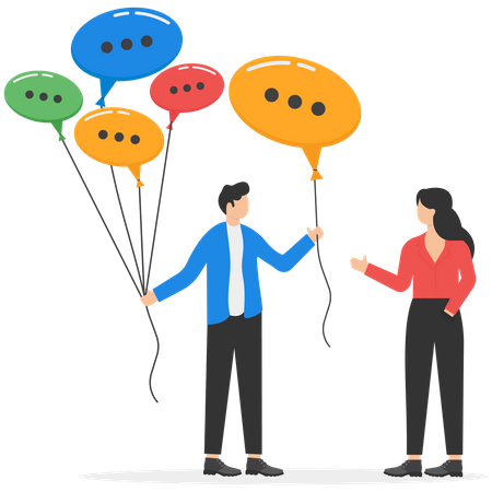 Businessman holding group of speech bubble balloons as member opinions  Illustration