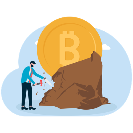 Businessman holding hammer and chisel carving upward bitcoin  Illustration