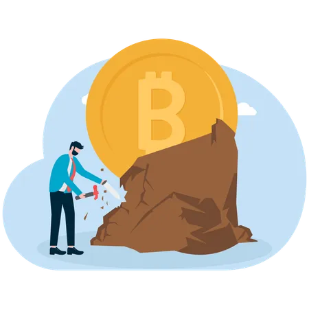 Businessman holding hammer and chisel carving upward bitcoin  Illustration