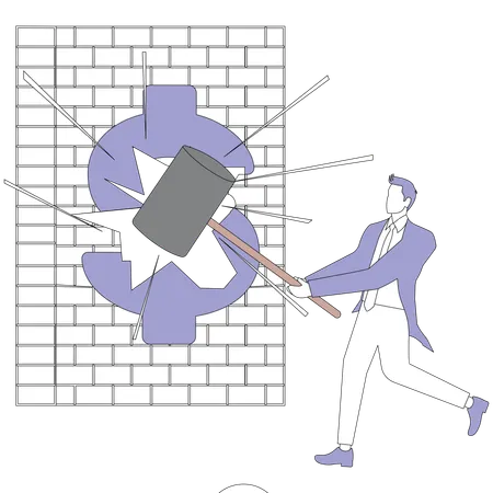 Businessman holding hammer breakthrough the wall  Illustration