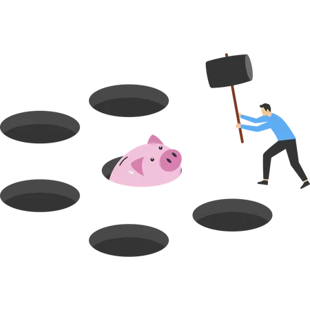 Businessman Holding Hammer Run To Hit A Piggy Bank Vector Design Illustration