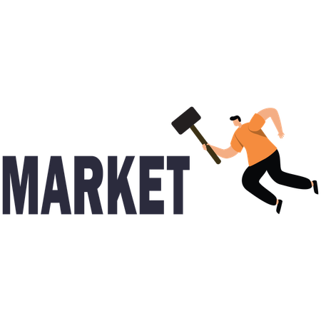 Businessman holding hammer to hit market  Illustration