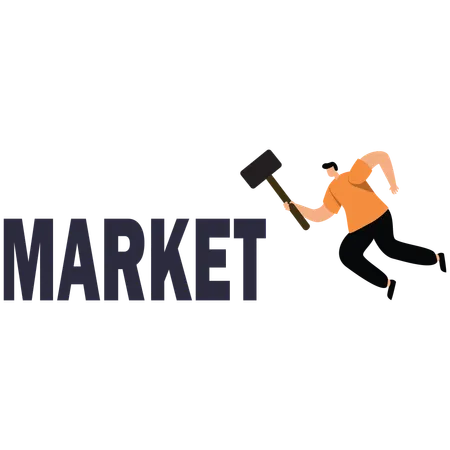 Businessman holding hammer to hit market  Illustration