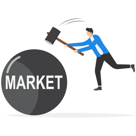 Beating The Stock Market Investors Or Active Funds Who Win And Earn More Than Stock Market Return Concept Businessman Investor Or Fund Manager Holding Hammer To Hit Trying To Beat The Word Market Illustration