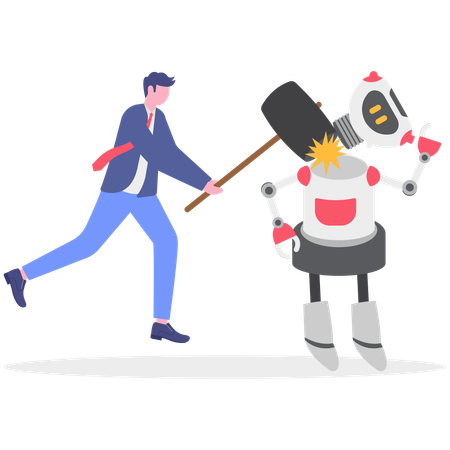 Businessman holding hammer while destroyed robot  Illustration