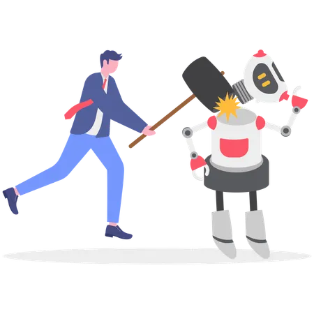 Businessman holding hammer while destroyed robot  Illustration