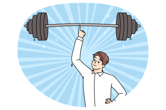 Businessman holding heavy barbell on finger  Illustration