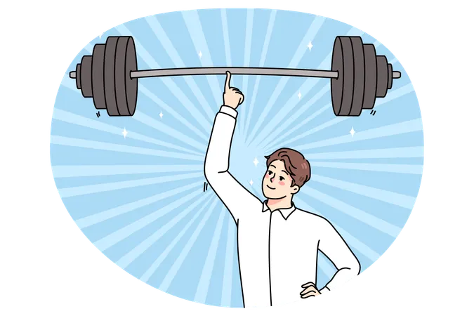 Businessman holding heavy barbell on finger  Illustration