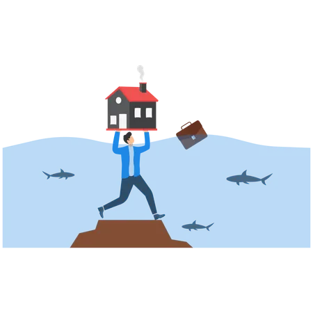 洪水から家を守りながら、家を押さえているビジネスマン  イラスト