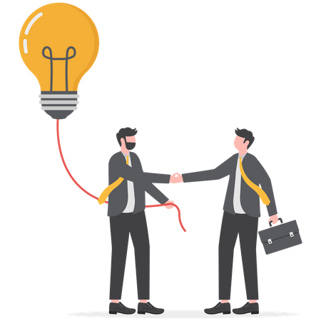 Businessman holding  huge light bulb and shaking hands with businessman  Illustration