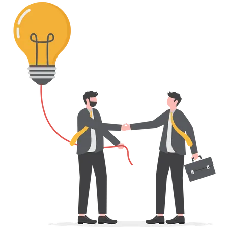 Businessman holding  huge light bulb and shaking hands with businessman  Illustration