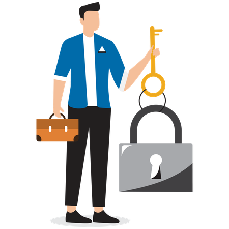 Businessman Holding Key and Padlock for Problem Solving  Illustration