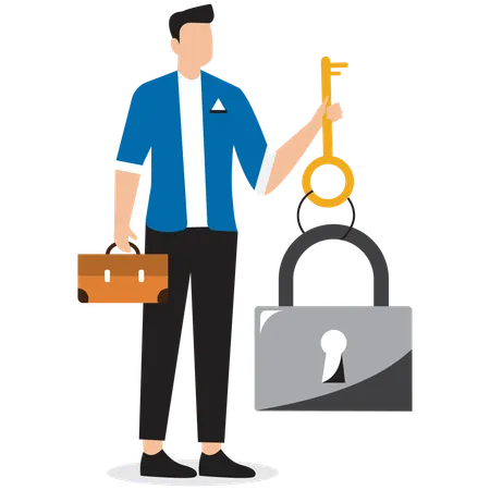 Businessman Holding Key and Padlock for Problem Solving  Illustration