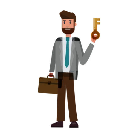 Businessman holding key and suitcase Illustration