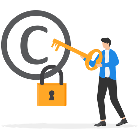 Businessman holding key for  intellectual property sign with padlock  Illustration