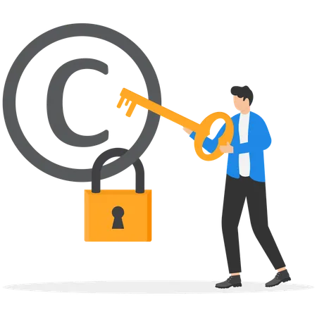 Businessman holding key for  intellectual property sign with padlock  Illustration