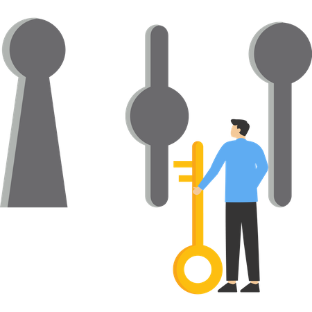 Businessman holding key in hand and deciding to choose keyhole  Illustration