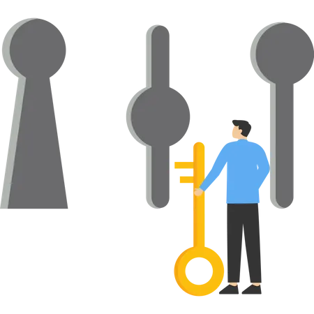 Businessman holding key in hand and deciding to choose keyhole  Illustration