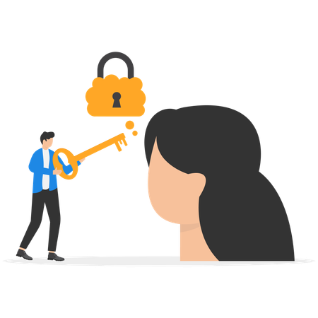 Businessman holding key unlocking another woman mind  Illustration